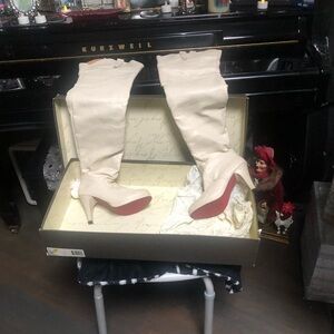 Cream Knee-High Stiletto Boots with Red Soles